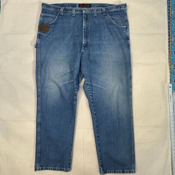 Riggs Dura Shield Blue Denim Straight Leg Work Jeans Brown Leather Detail 46x32 - Picture 1 of 16